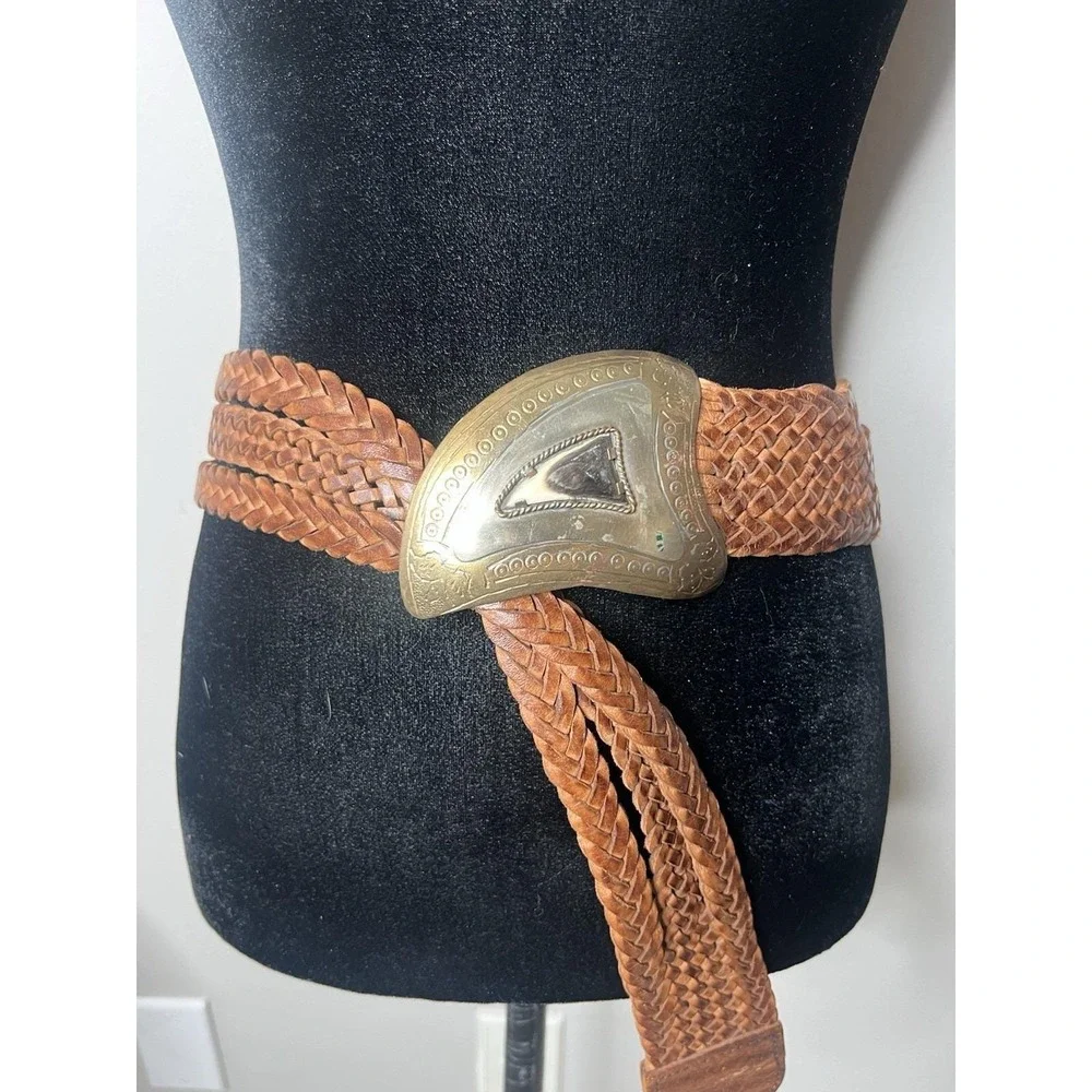 Chicos MOROCCAN BELT Braided Leather Belt, Silver-Toned Metal Vintage S/M